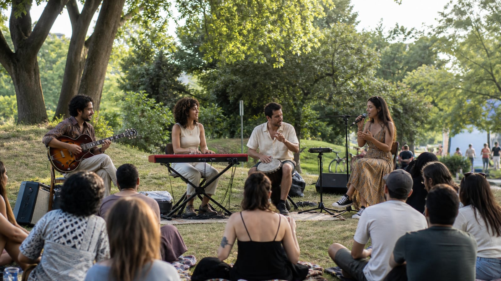 Jamsessie in het park met muzikanten in een ontspannen kring