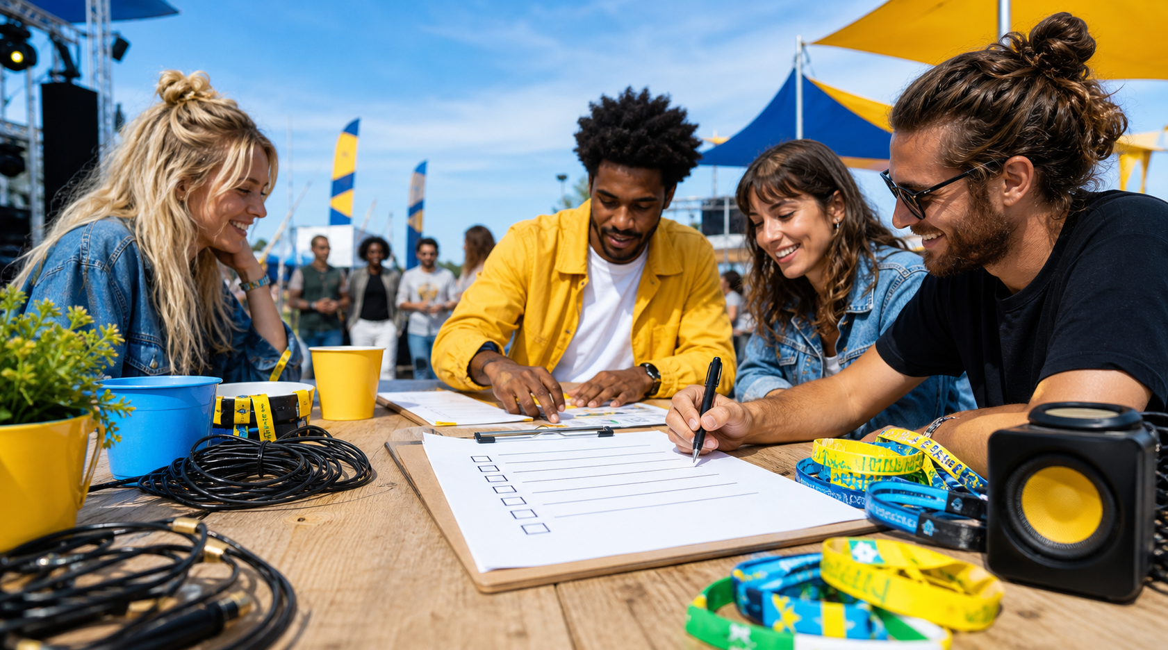 Een evenementenplanner met checklist, polsbandjes, kabels en kleine speaker