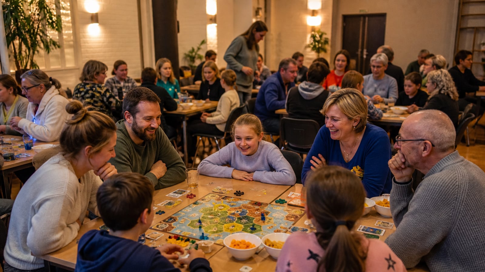Gezellige spelletjesavond met een grote groep rond meerdere tafels