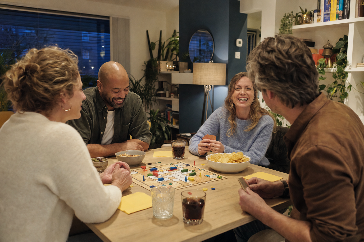 Vrienden spelen een bordspel aan een tafel tijdens een ontspannen avond