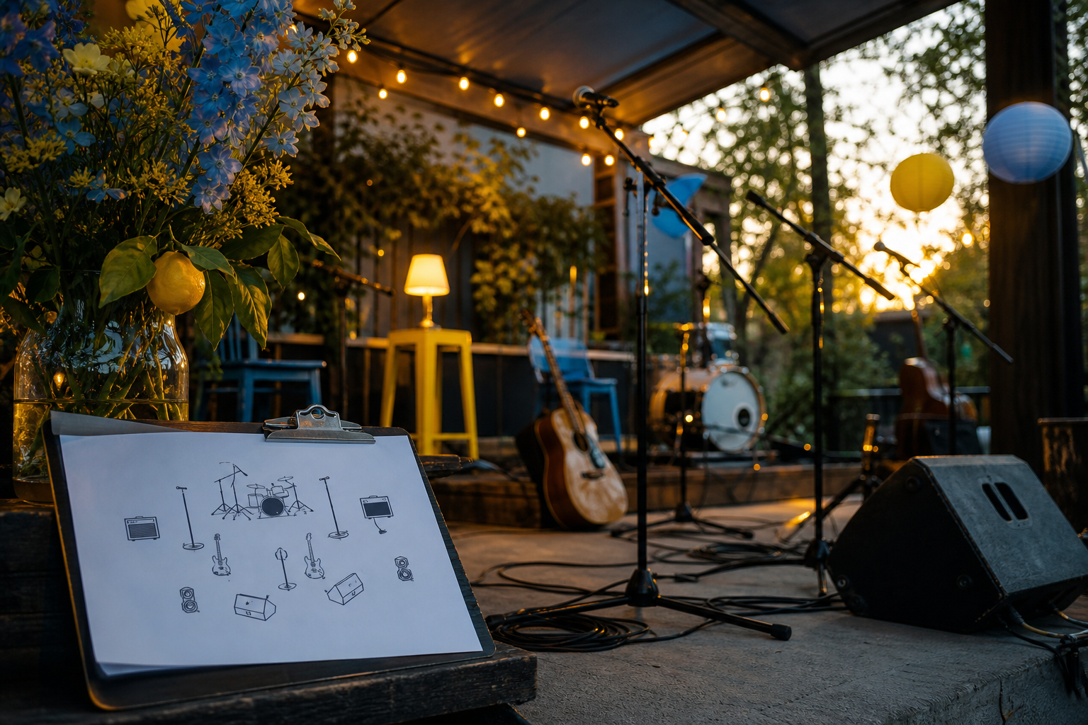 Een kleine live-muziekstage met microfoonstandaards en een stageplan